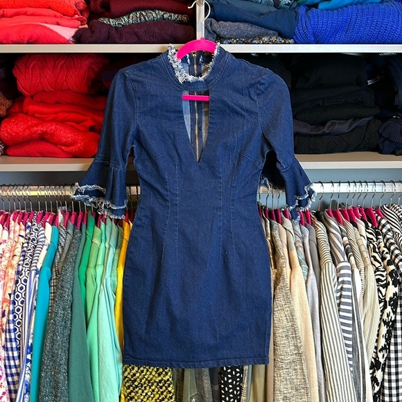 Banjul 3/4 quarter length sleeve mock neck key hole denim dress size S - Picture 1 of 3